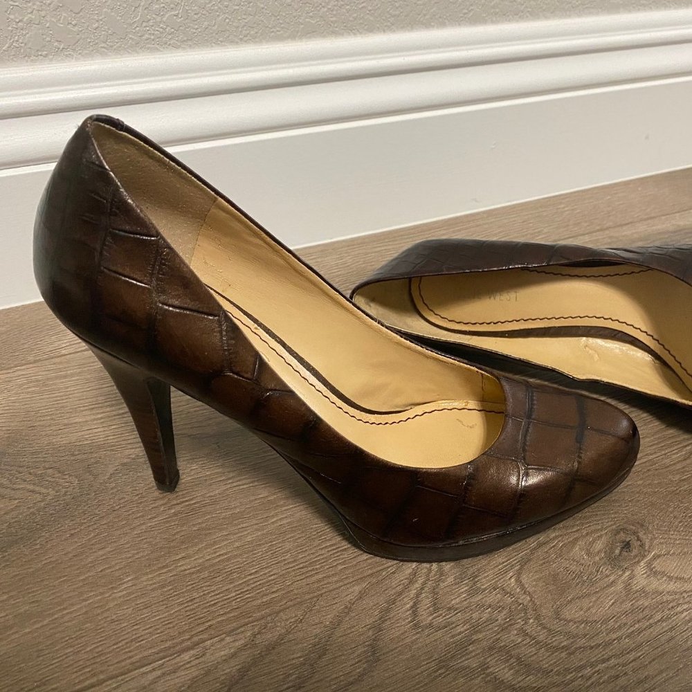 Brown Leather Faux Croc Pumps, Heels, 8.5